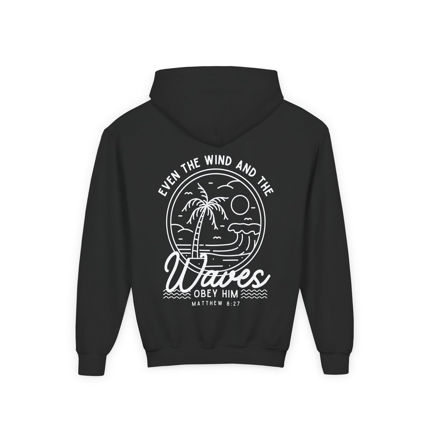 Youth 'Even The Wind And The Waves Obey Him' Bible Verse Hoodie, Beach Vibes Kids Hooded Sweatshirt, Faith-Inspired Teen Hoodie