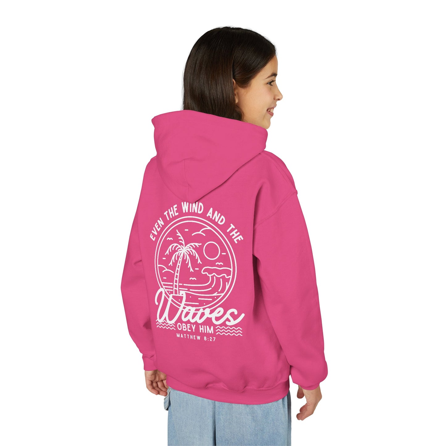 Youth 'Even The Wind And The Waves Obey Him' Bible Verse Hoodie, Beach Vibes Kids Hooded Sweatshirt, Faith-Inspired Teen Hoodie