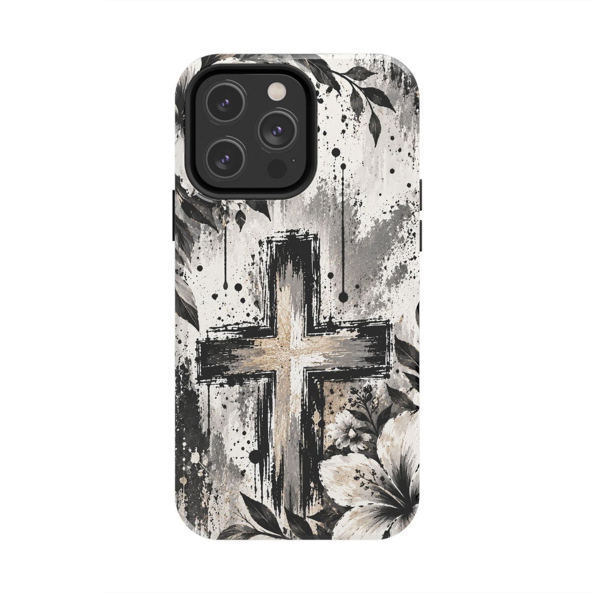 Black & White Floral Cross Christian Phone Case | Faith-Inspired Protective iPhone Case