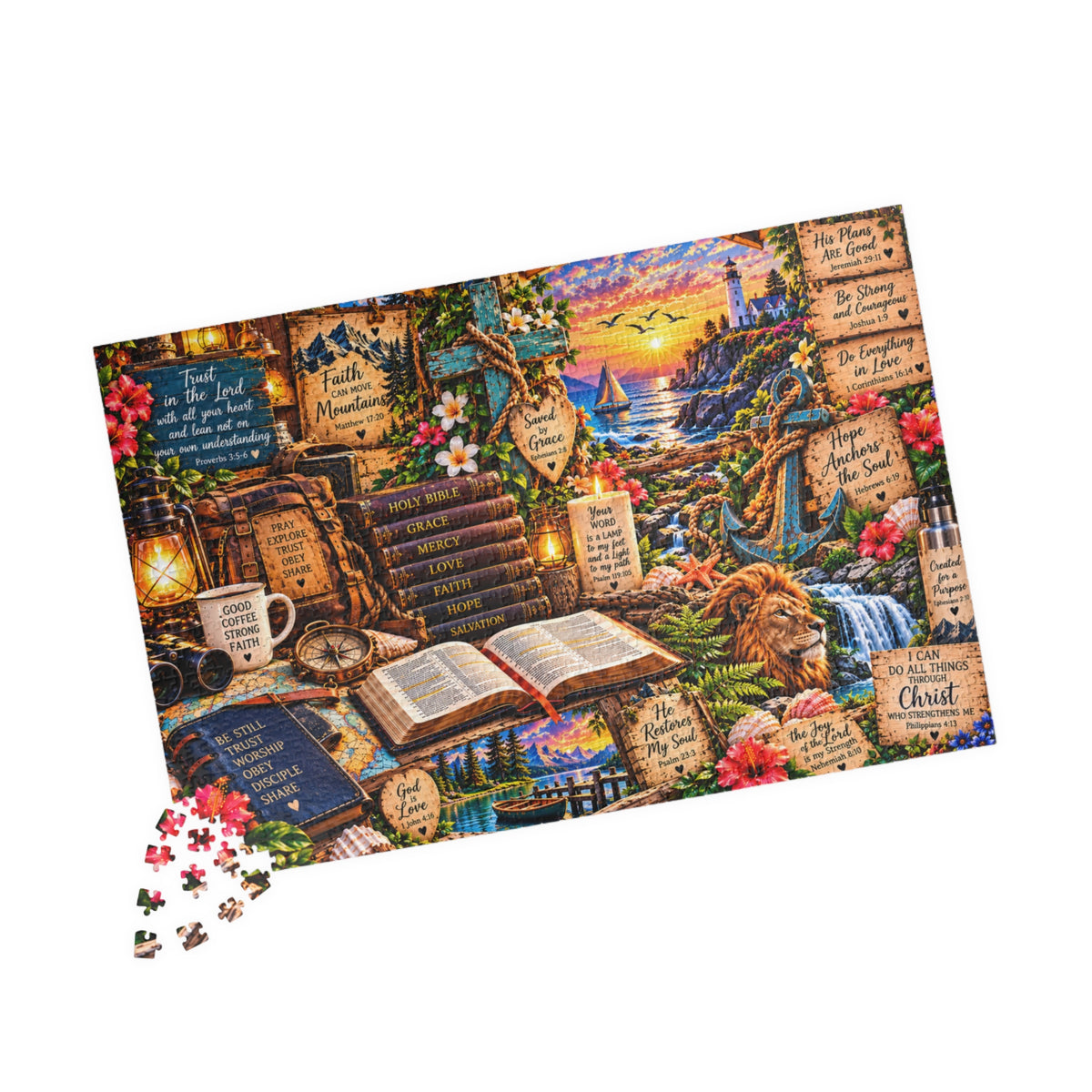 Christian Bible verse jigsaw puzzle featuring Scripture promises, an open Bible, wooden cross, lion, lighthouse, coastal sunset, mountain scenery, and faith-inspired artwork.