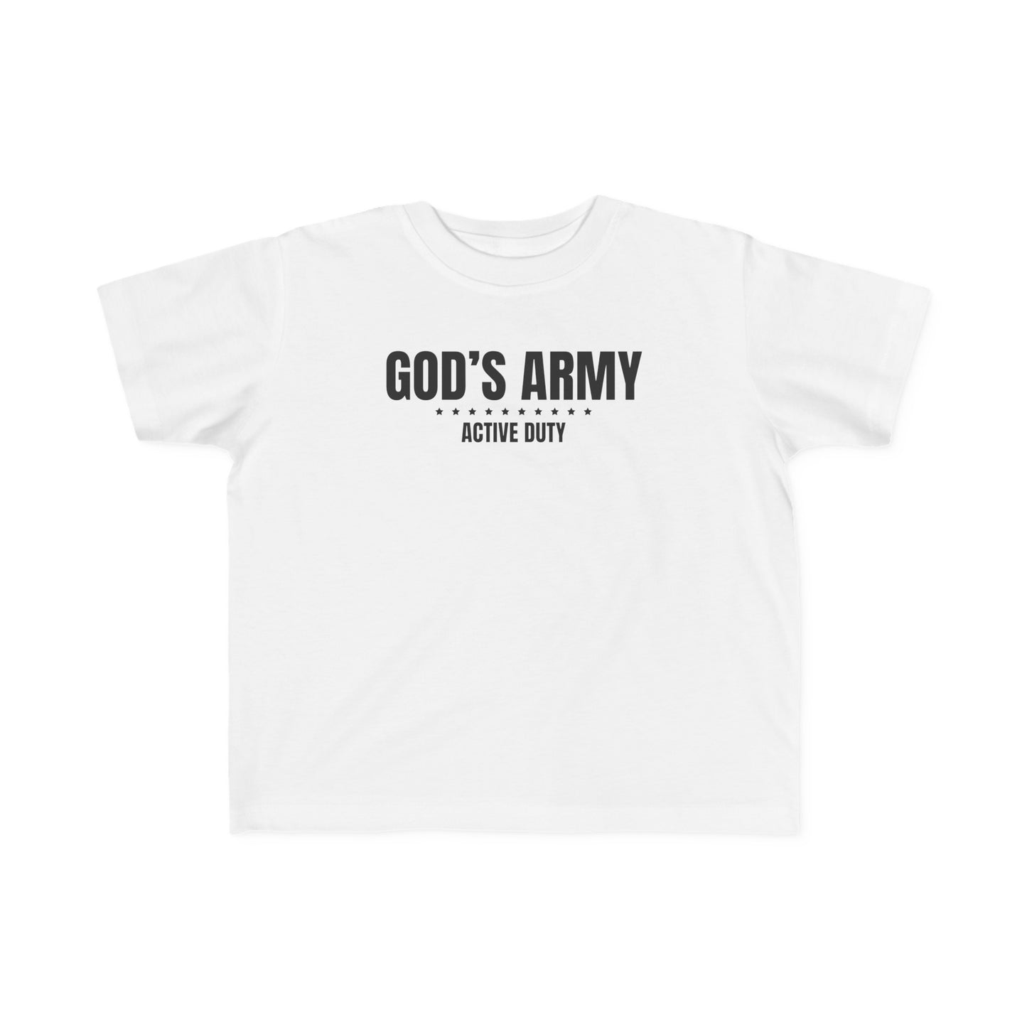 Called to Serve in God's Army. This is a beautiful faith based t-shirt for your children or as a gift for a child of God in your life. Across the chest reads, 'God's Army, Active Duty'.  Make sure to grab one for yourself by checking out the Adult versions of the beautiful Christian Tee, also available on my shop! Cataldo Creations Christian Toddler Tee