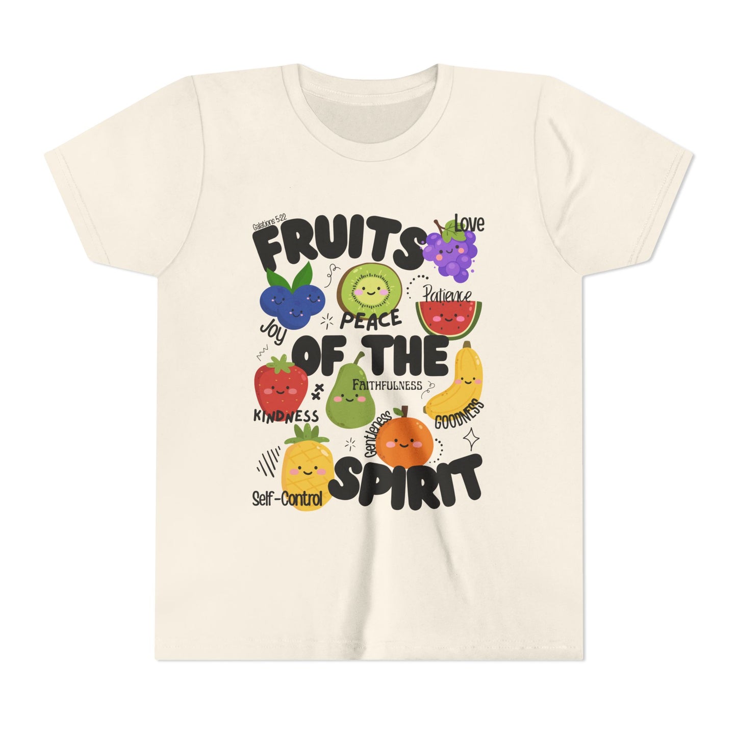 'Fruits of the Spirit' Kids Christian T-Shirt, Youth Bible Verse T-Shirt (Peace, Joy, Kindness)