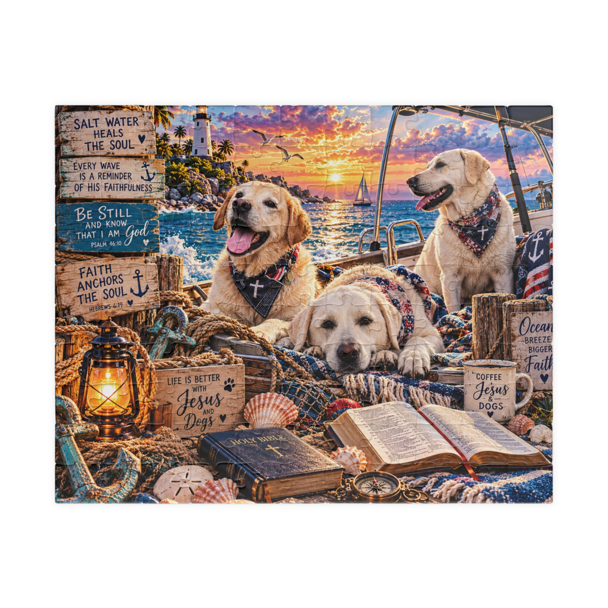 Christian Labrador Retriever jigsaw puzzle featuring three dogs on a boat at sunset with Bible verses, lighthouse, and coastal artwork