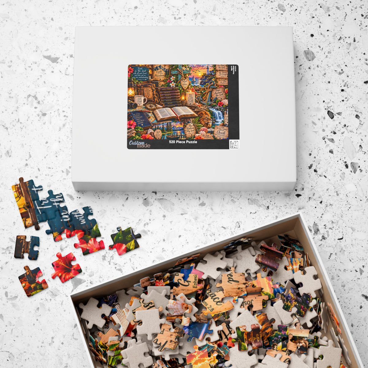 Christian Bible verse jigsaw puzzle featuring Scripture promises, an open Bible, wooden cross, lion, lighthouse, coastal sunset, mountain scenery, and faith-inspired artwork.