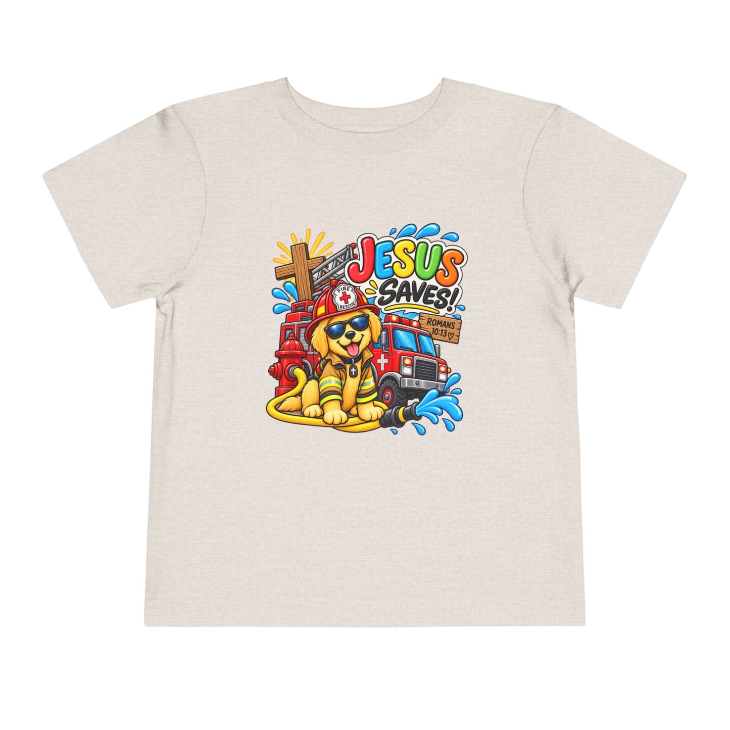 Jesus Saves Firefighter Puppy Toddler T-Shirt | Christian Bible Verse Tee for Boys & Girls | Romans 10:13 Faith Shirt