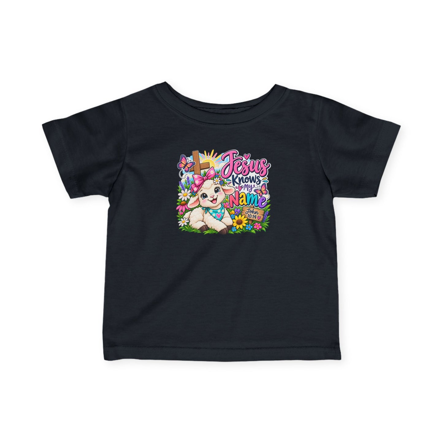 Jesus Knows My Name Infant Christian T-Shirt – John 10:14 Bible Verse Baby Girl Tee with Lamb