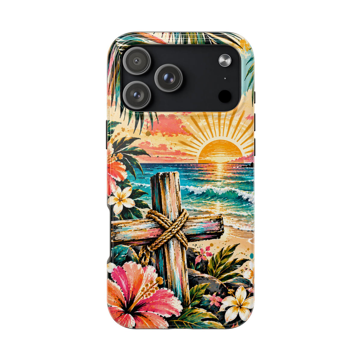 Tropical Cross Christian Phone Case | Beach Sunset & Floral Faith-Inspired Protective Case