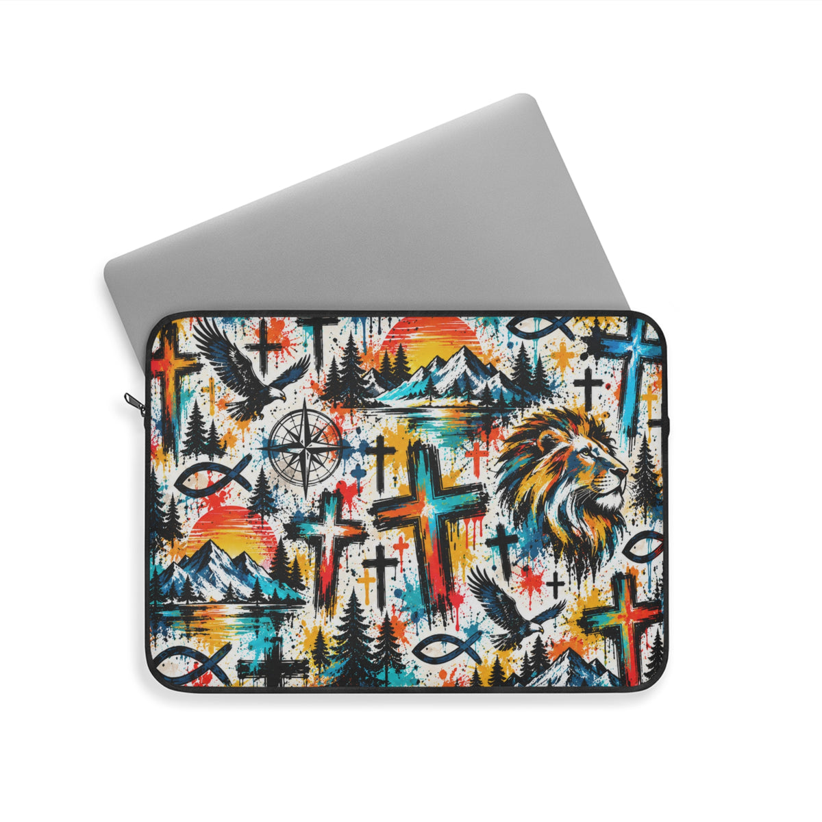Colorful Christian graffiti laptop sleeve featuring a lion, crosses, eagles, mountains, and Christian fish symbols in vibrant blue, orange, yellow, and black.