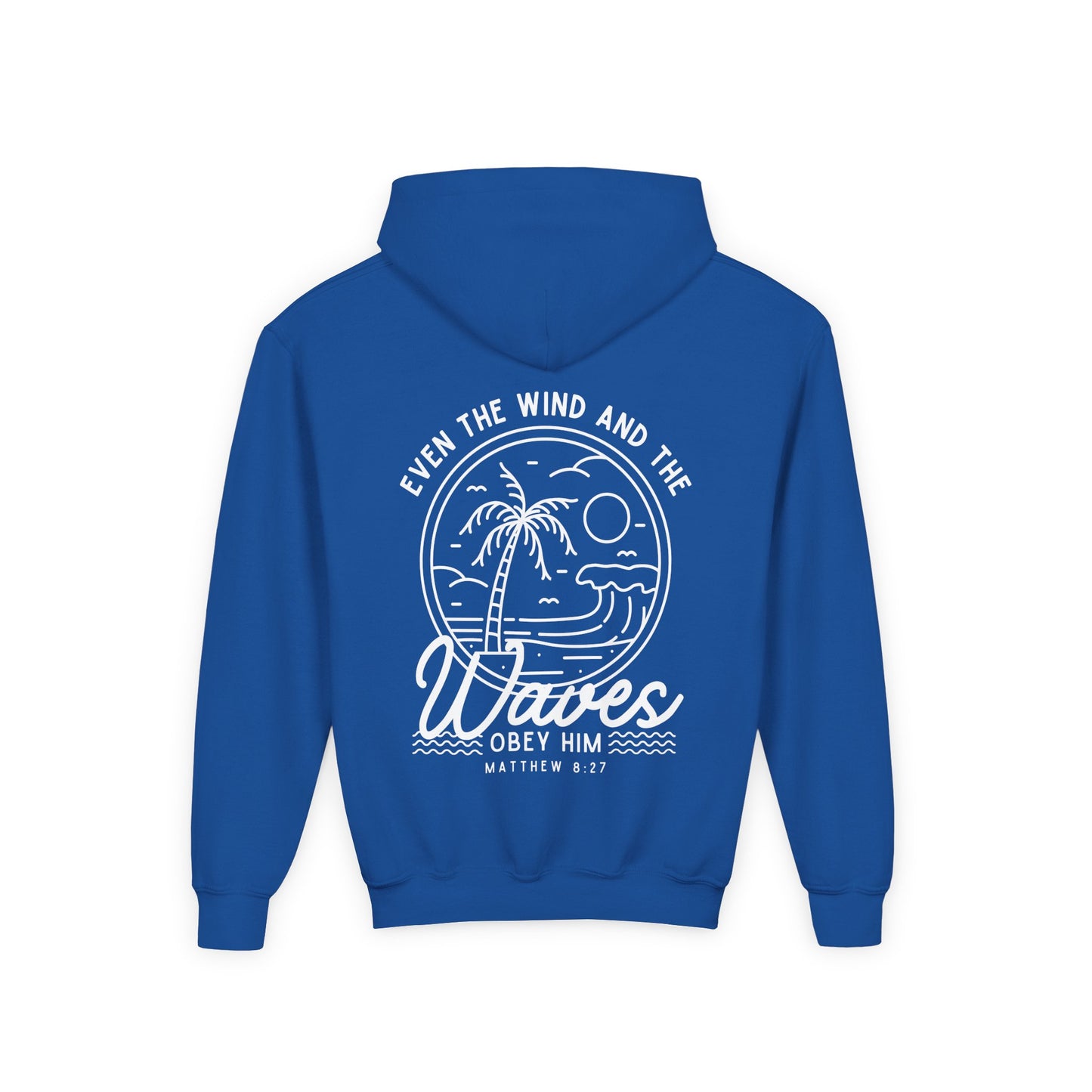 Youth 'Even The Wind And The Waves Obey Him' Bible Verse Hoodie, Beach Vibes Kids Hooded Sweatshirt, Faith-Inspired Teen Hoodie