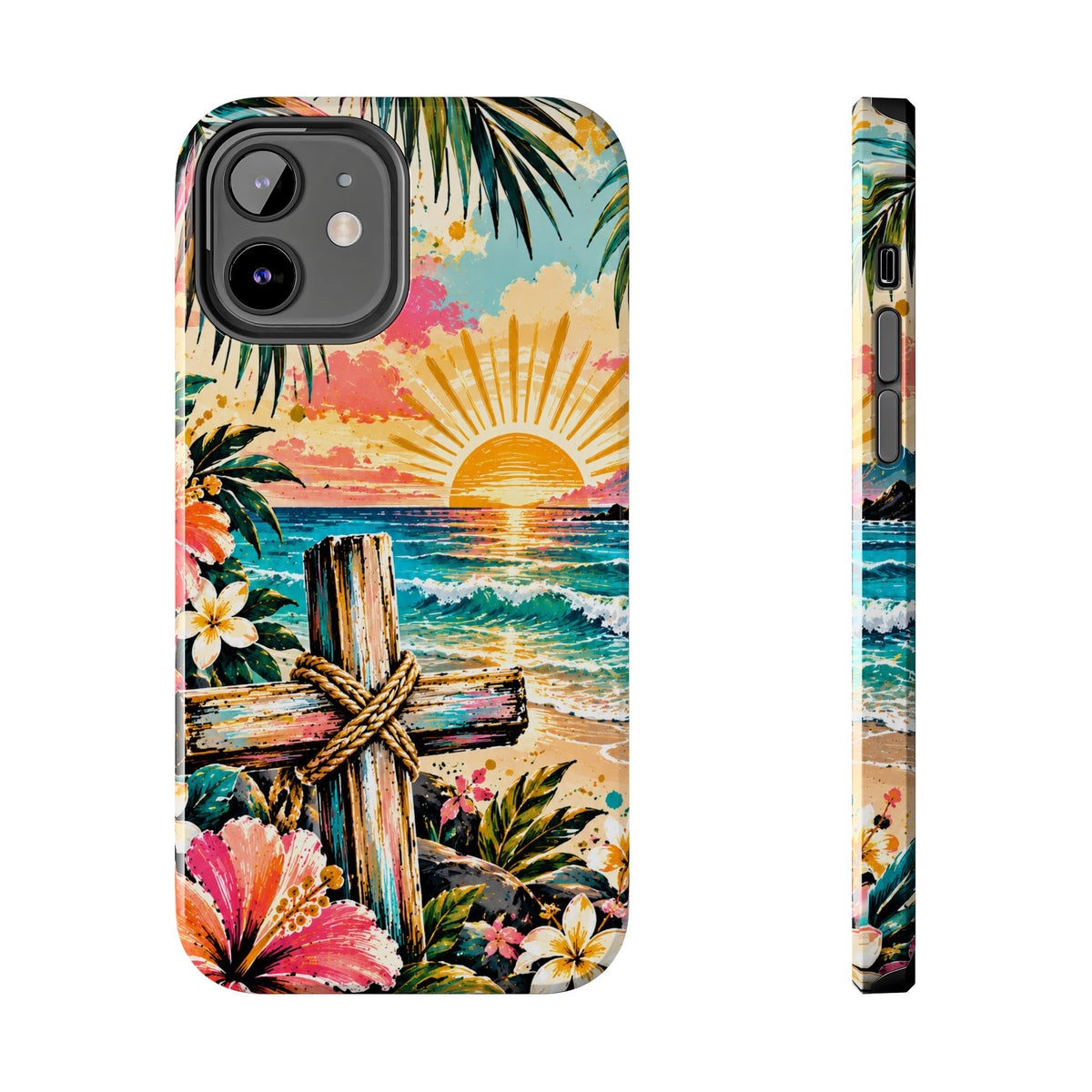 Tropical Cross Christian Phone Case | Beach Sunset & Floral Faith-Inspired Protective Case