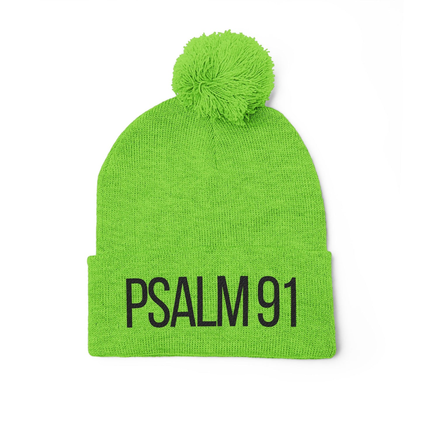 Green beanie with 'PSALM 91' text on a white background
