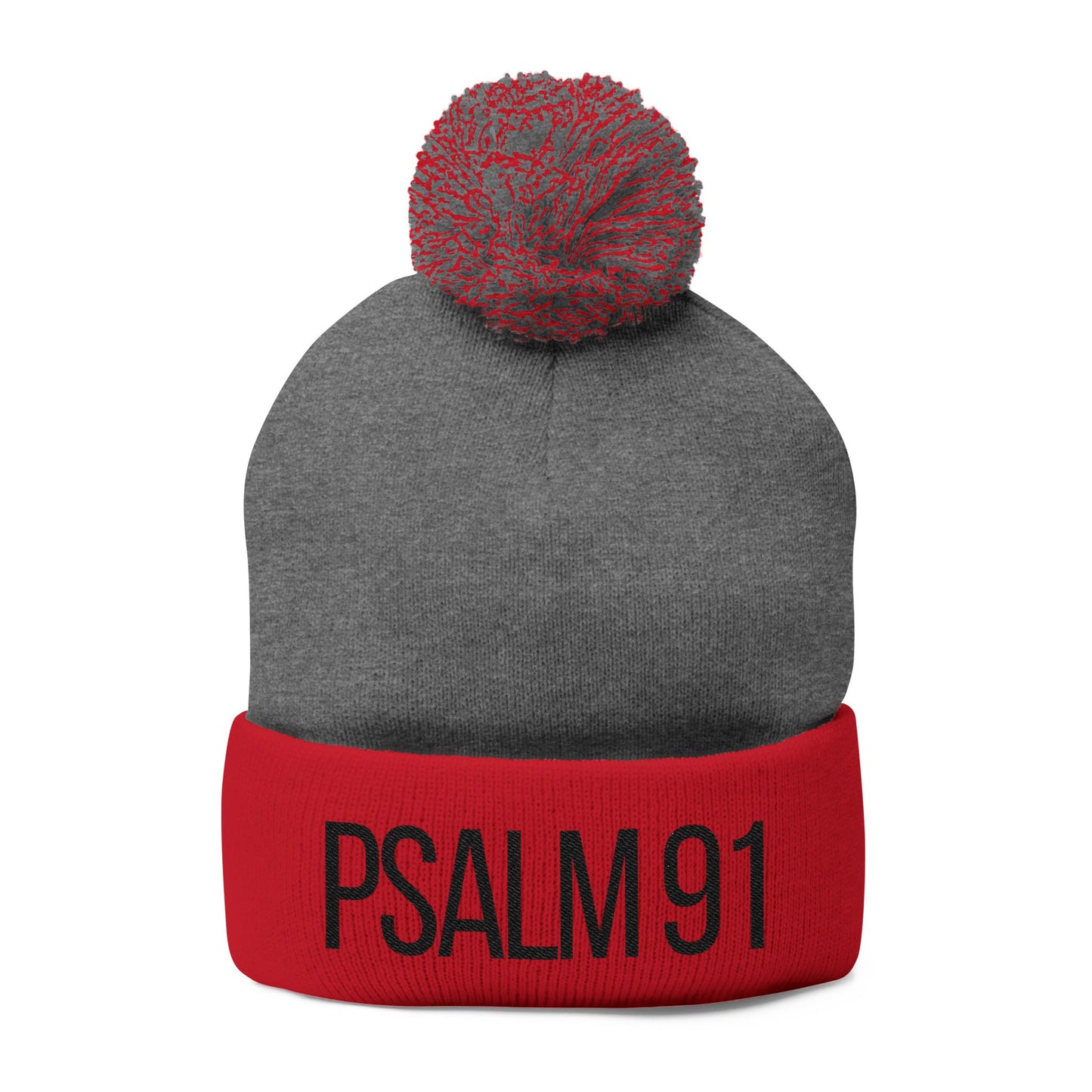 Psalm 91 Pom-Pom Knit Cap — Embroidered Winter Beanie for Faith & Comfort