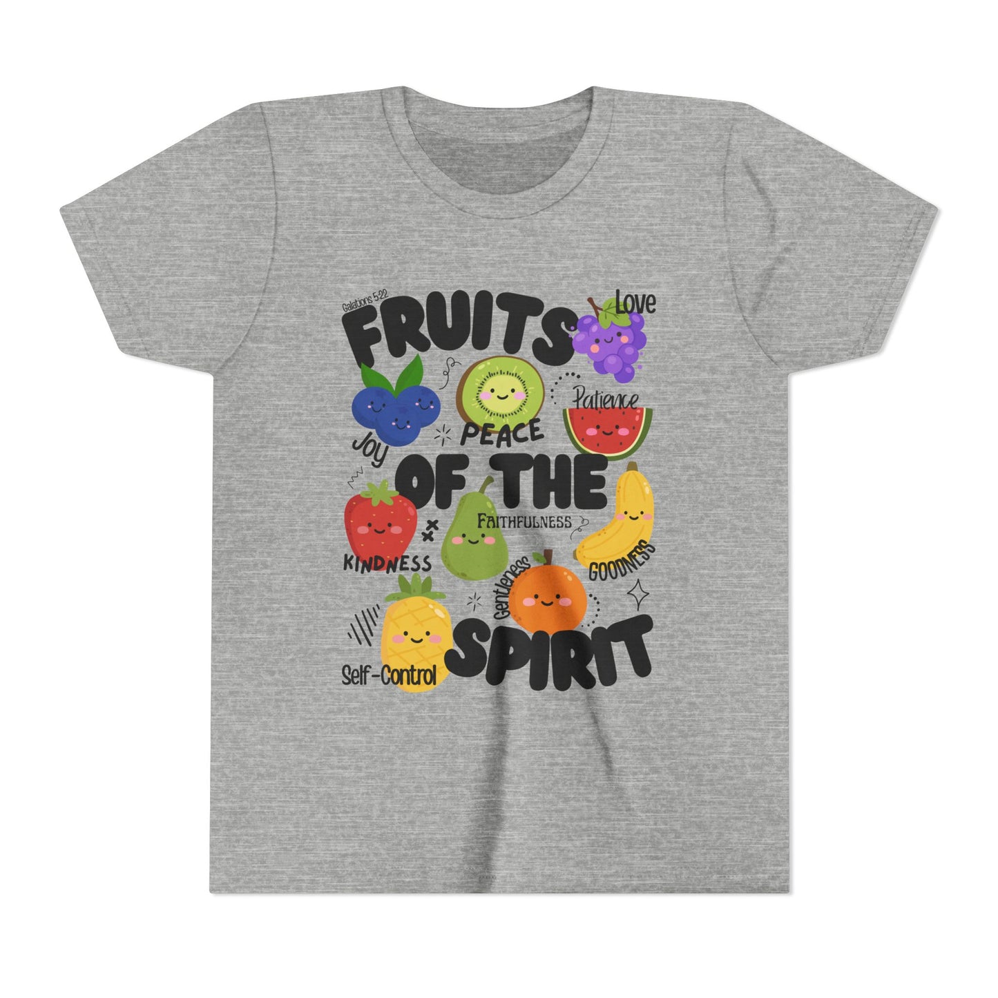 'Fruits of the Spirit' Kids Christian T-Shirt, Youth Bible Verse T-Shirt (Peace, Joy, Kindness)