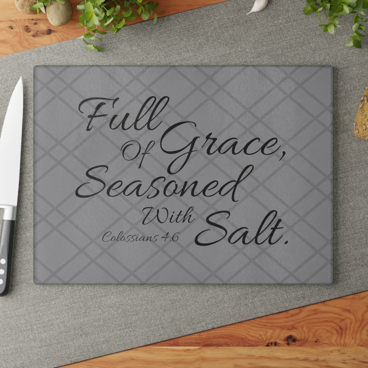 Gray Bible Verse Glass Cutting Board. Full Of Grace, Seasoned With Salt. Christian home decor. Christian kitchenware.