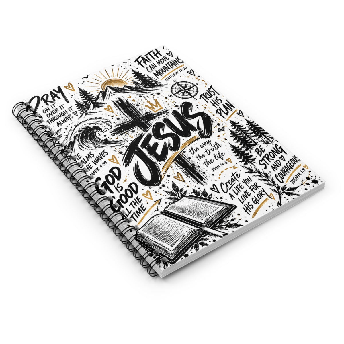 Jesus Christian Spiral Notebook – Faith-Inspired Journal with Bible Verses | Black, White & Gold Design