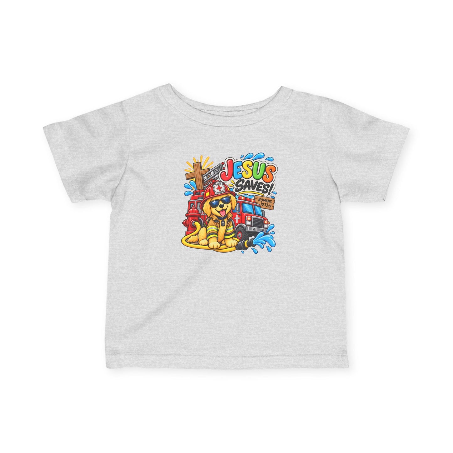 Jesus Saves Firefighter Puppy Infant T-Shirt | Christian Baby Bible Verse Tee | Romans 10:13 Faith Shirt