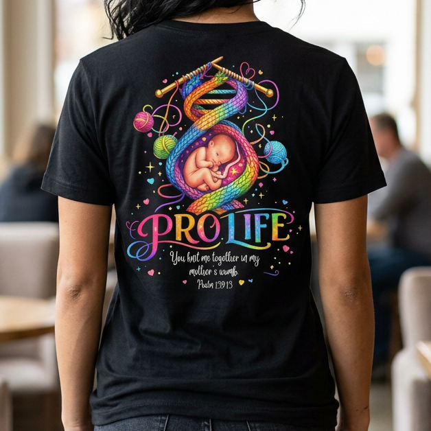 Person wearing a black t-shirt with a colorful 'PRO LIFE' 