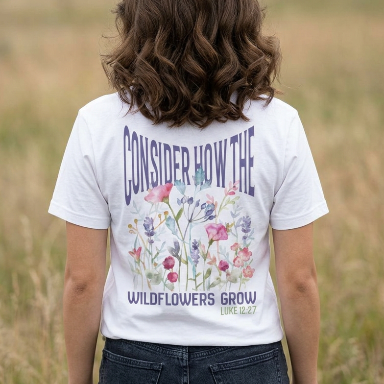 Unisex jersey short sleeve tee featuring floral design with Bible verse Luke 12:27 Christian inspirational shirt
