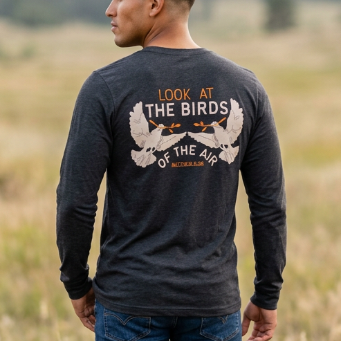 Look at the Birds Of The Air Long Sleeve Tee — Matthew 6:26 Christian Cross Scripture Shirt