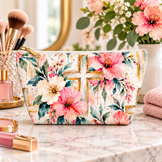 Watercolor Floral Cross Makeup Bag – Christian Cosmetic & Accessory Pouch | Small & Large