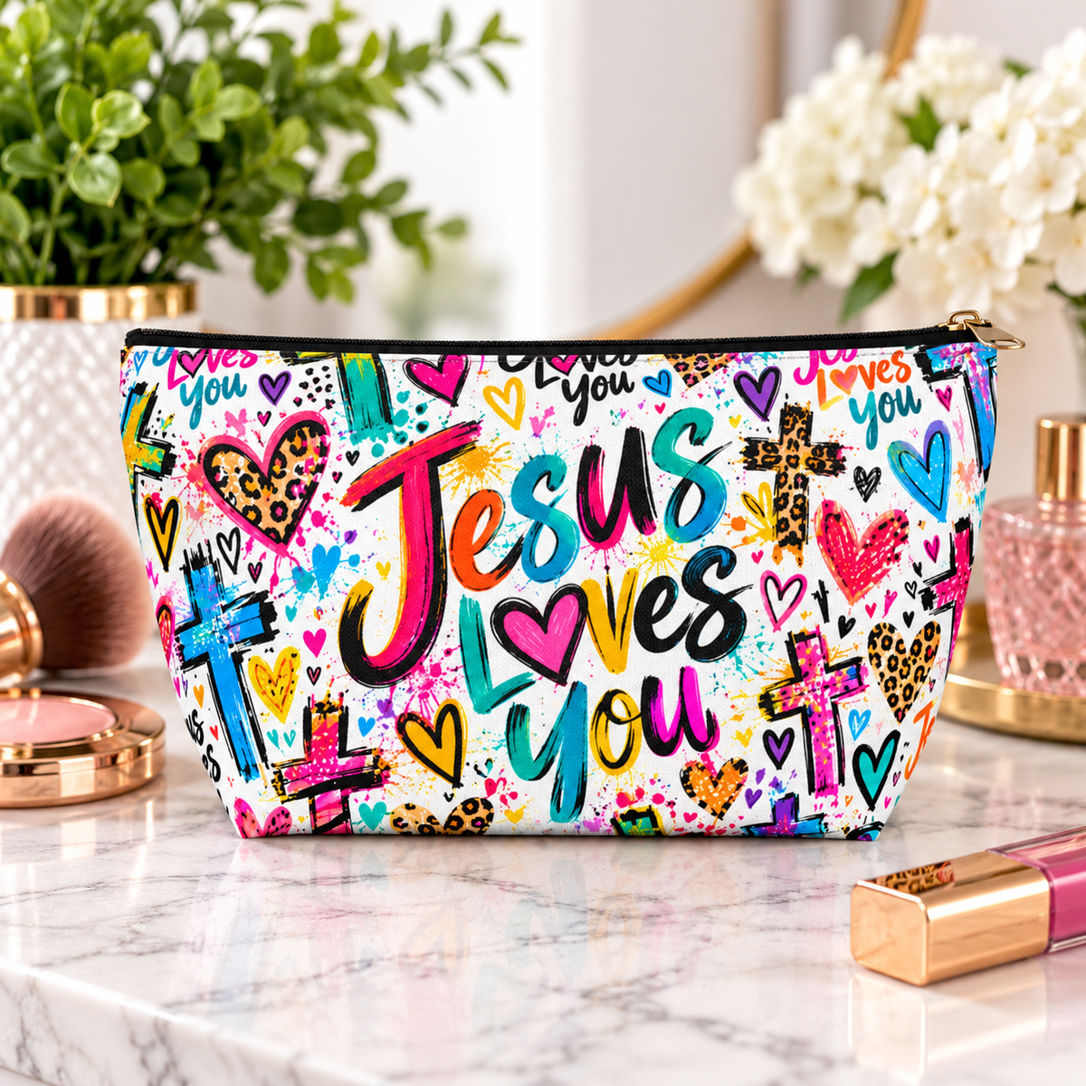 Jesus Loves You Makeup Bag – Colorful Christian Accessory Pouch | Small & Large