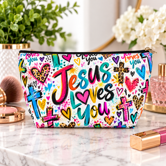 Jesus Loves You Makeup Bag – Colorful Christian Accessory Pouch | Small & Large