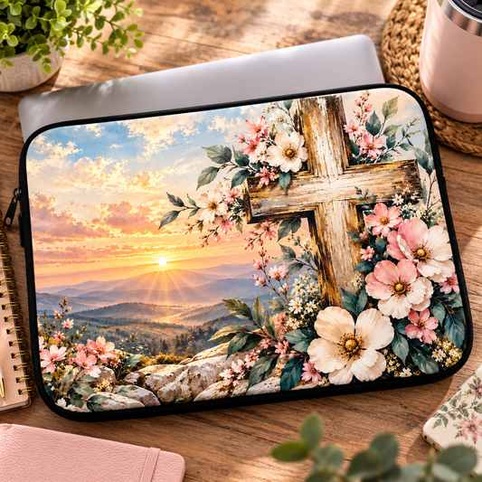 Watercolor Floral Cross Laptop Sleeve – Christian Laptop Case for Women | 12", 13" & 15"