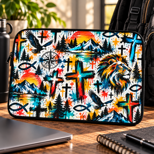 Colorful Christian graffiti laptop sleeve featuring a lion, crosses, eagles, mountains, and Christian fish symbols in vibrant blue, orange, yellow, and black.