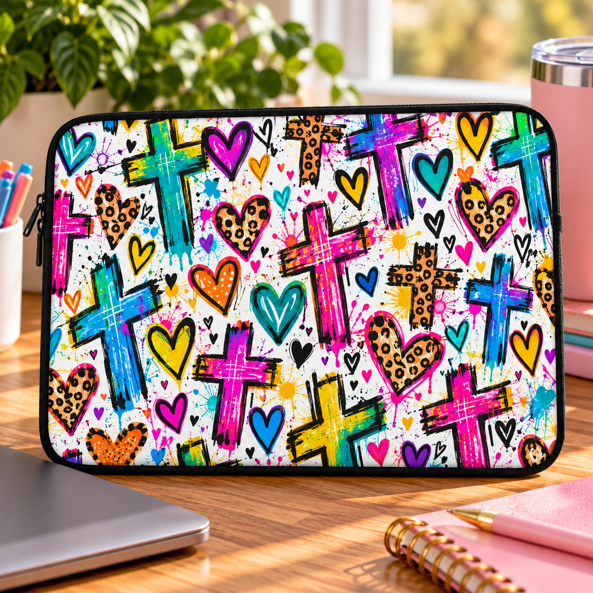 Colorful Christian laptop sleeve featuring bright graffiti-style crosses, pink and turquoise hearts, leopard-print accents, and vibrant paint splatters with black zipper trim.