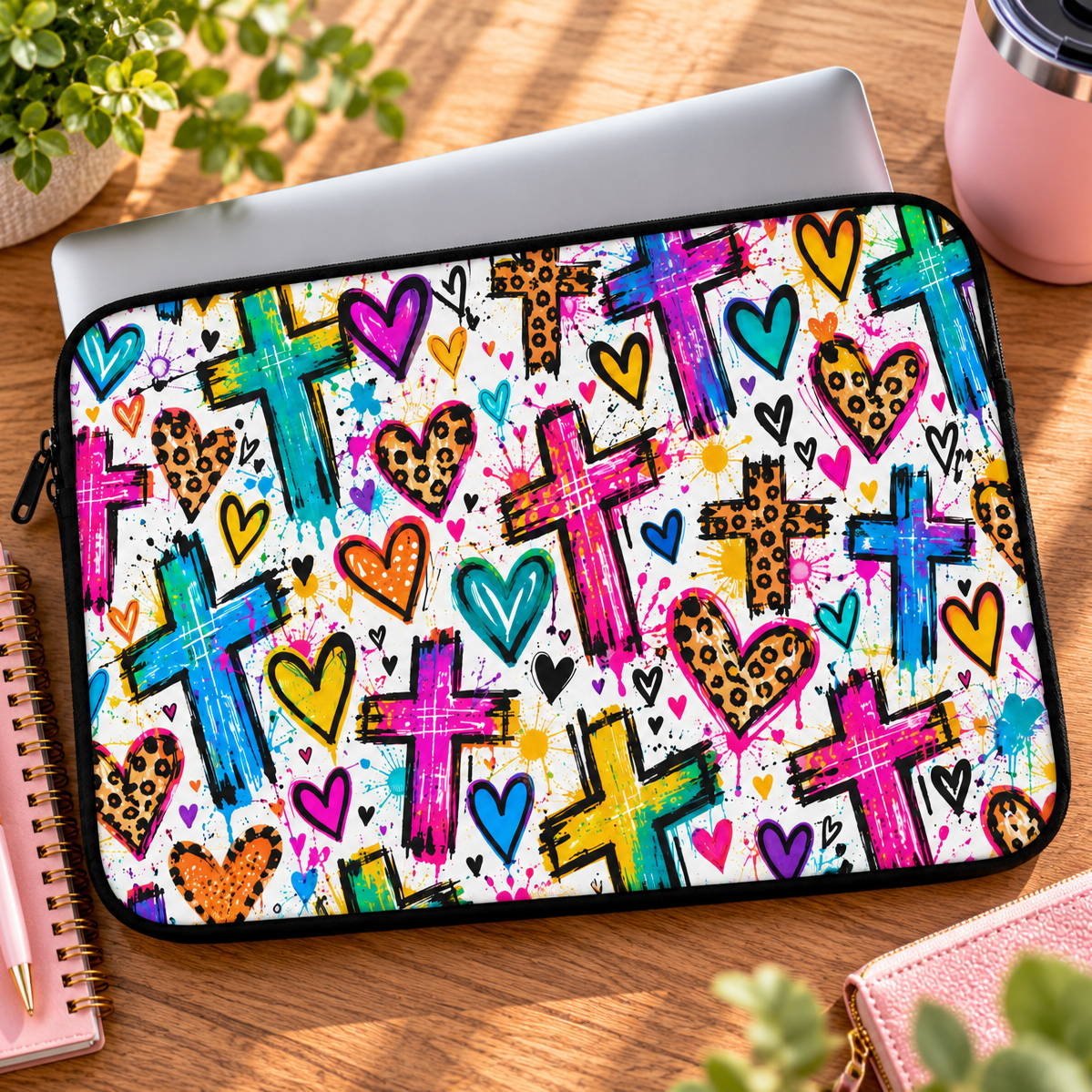 Colorful Christian laptop sleeve featuring bright graffiti-style crosses, pink and turquoise hearts, leopard-print accents, and vibrant paint splatters with black zipper trim.