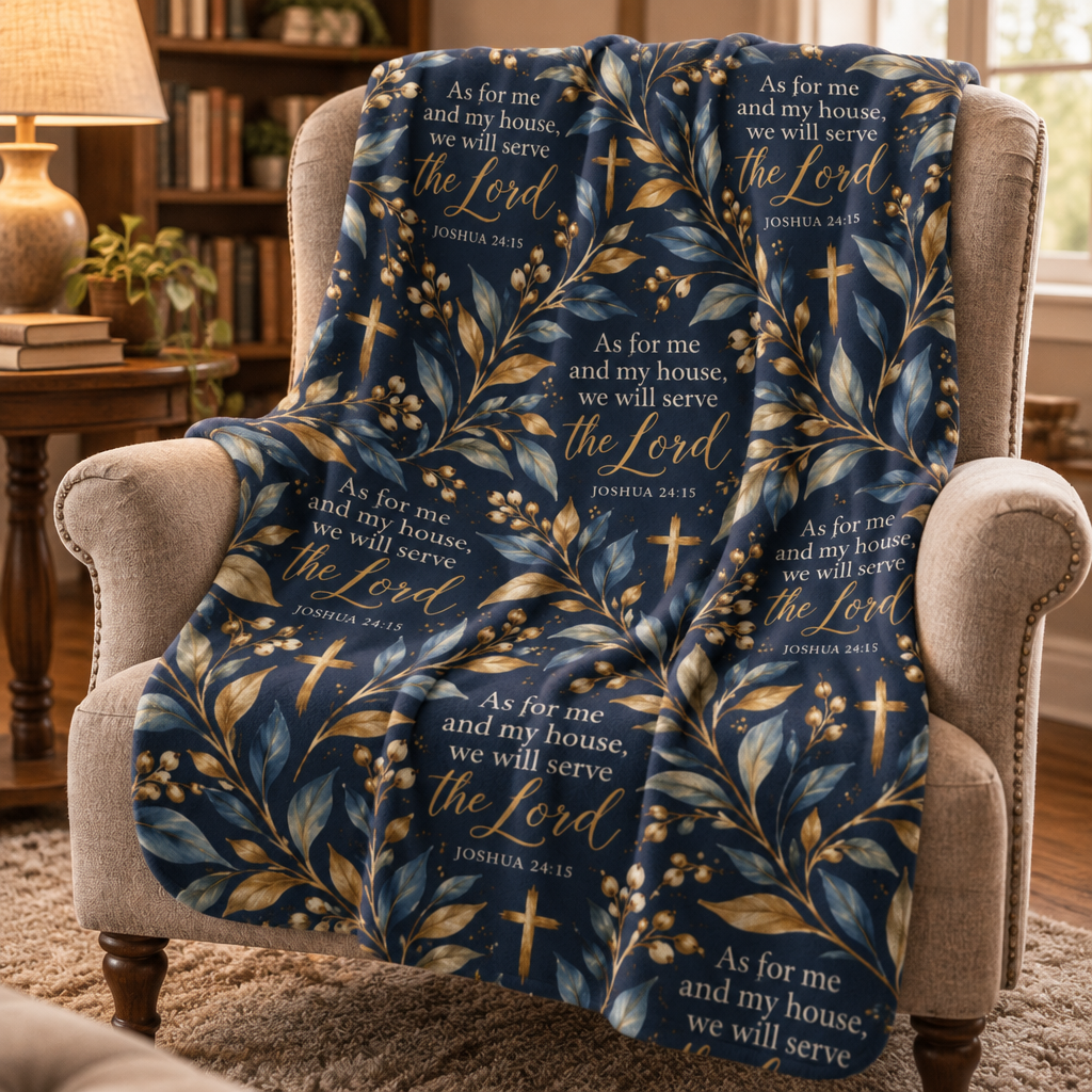 Joshua 24:15 Christian sherpa blanket design featuring As for Me and My House Scripture lettering, gold crosses, and blue and gold botanical leaves on navy.