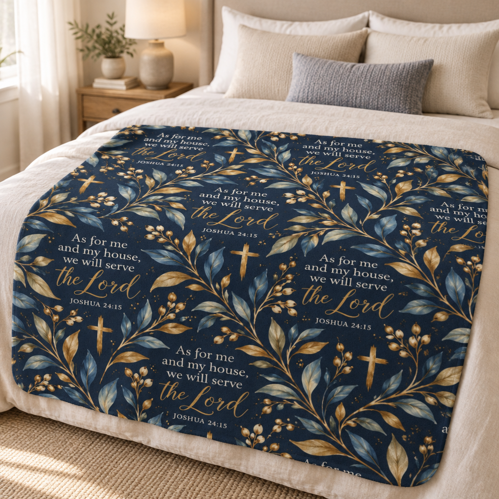 As for Me and My House Christian sherpa blanket with navy and gold Joshua 24:15 botanical print and soft plush sherpa backing.