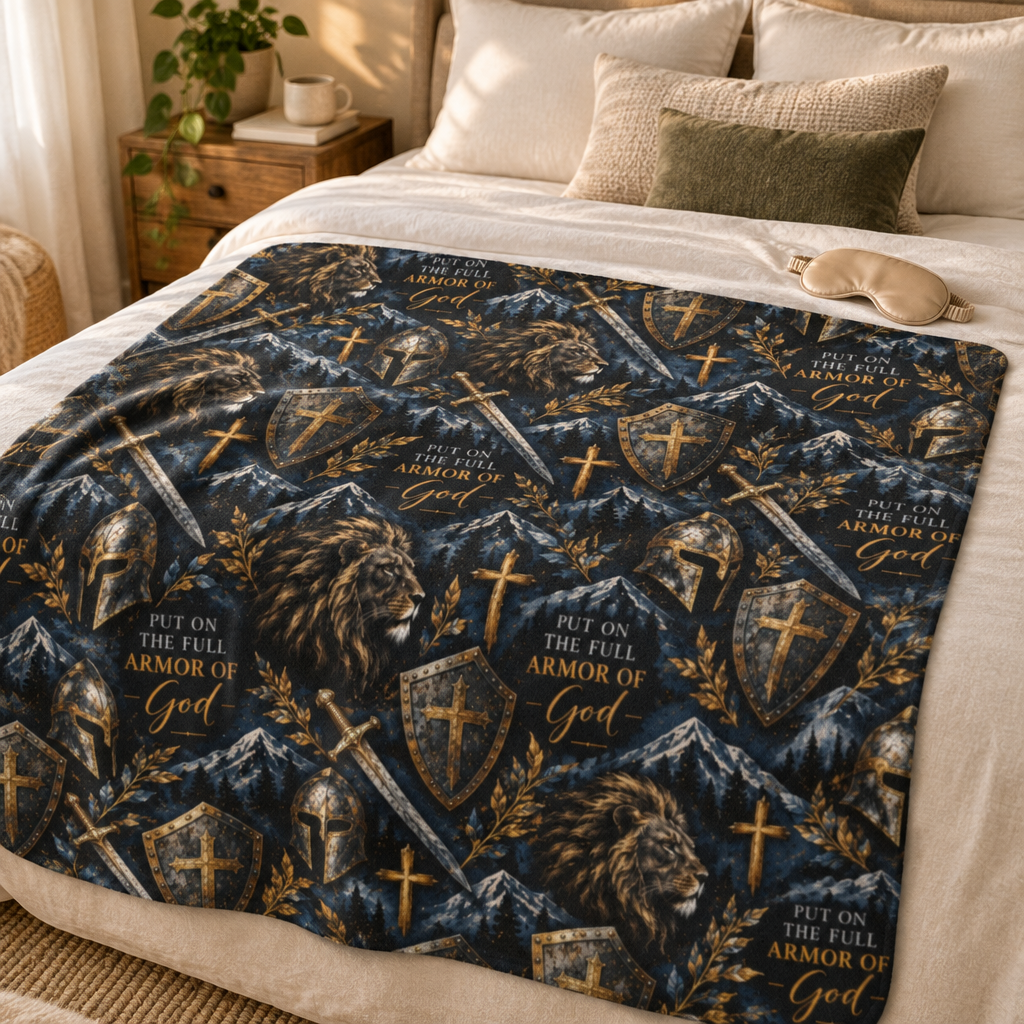 Armor of God Christian sherpa blanket featuring Ephesians 6:11, lions, medieval swords, shields, helmets, and gold crosses on a dark navy background.