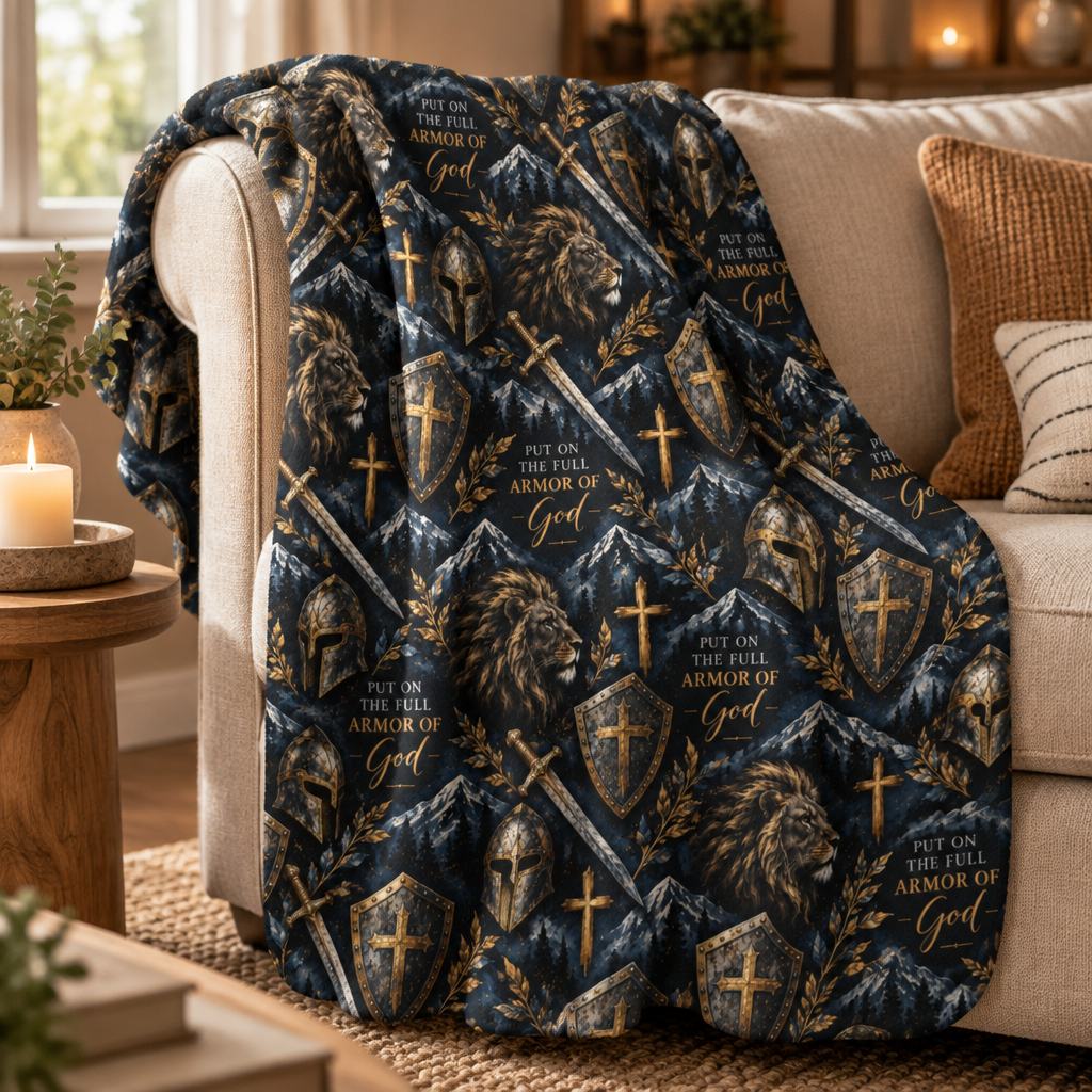 Armor of God Christian sherpa blanket featuring Ephesians 6:11, lions, medieval swords, shields, helmets, and gold crosses on a dark navy background.
