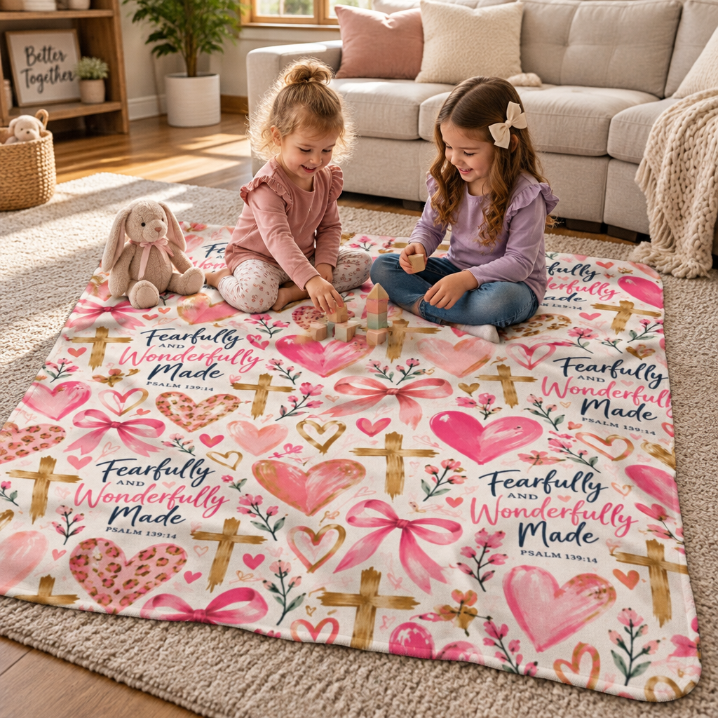 Fearfully and Wonderfully Made Christian sherpa blanket featuring Psalm 139:14, pink hearts, bows, gold crosses, and floral accents on a cream background.