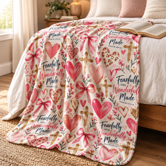 Fearfully and Wonderfully Made Christian sherpa blanket featuring Psalm 139:14, pink hearts, bows, gold crosses, and floral accents on a cream background.