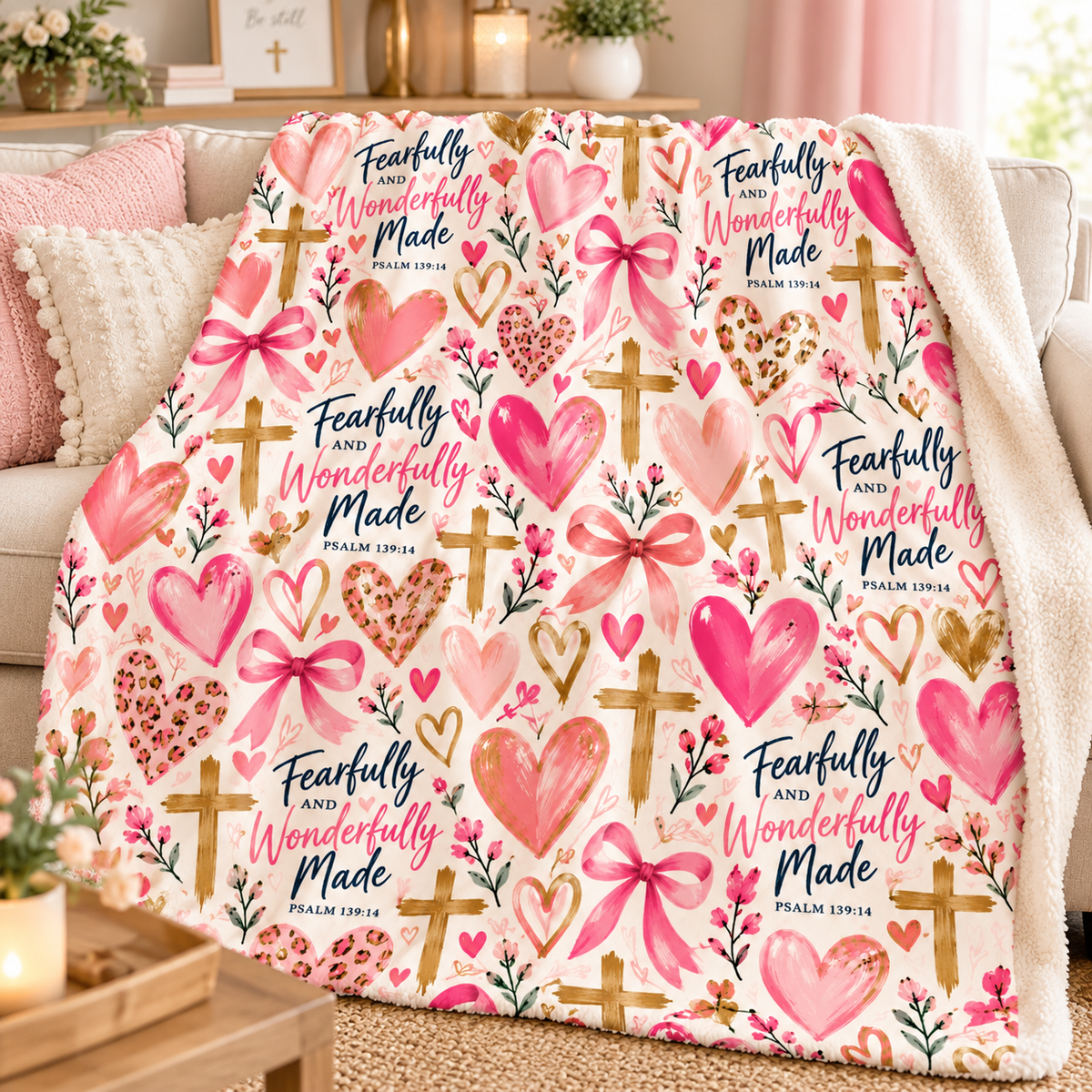 Fearfully and Wonderfully Made Christian sherpa blanket featuring Psalm 139:14, pink hearts, bows, gold crosses, and floral accents on a cream background.