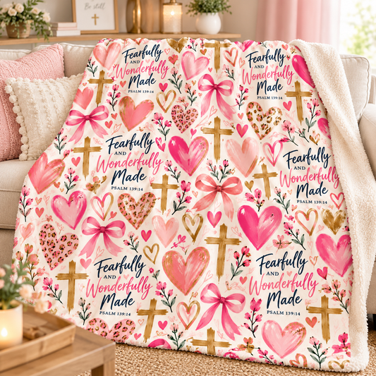 Fearfully and Wonderfully Made Christian sherpa blanket featuring Psalm 139:14, pink hearts, bows, gold crosses, and floral accents on a cream background.