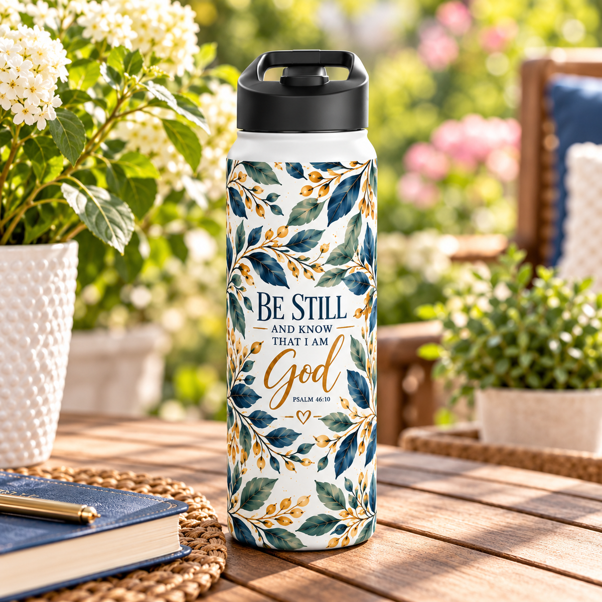 Be Still and Know Psalm 46:10 Christian insulated stainless steel water bottle featuring navy blue, sage green, and gold watercolor botanical artwork.