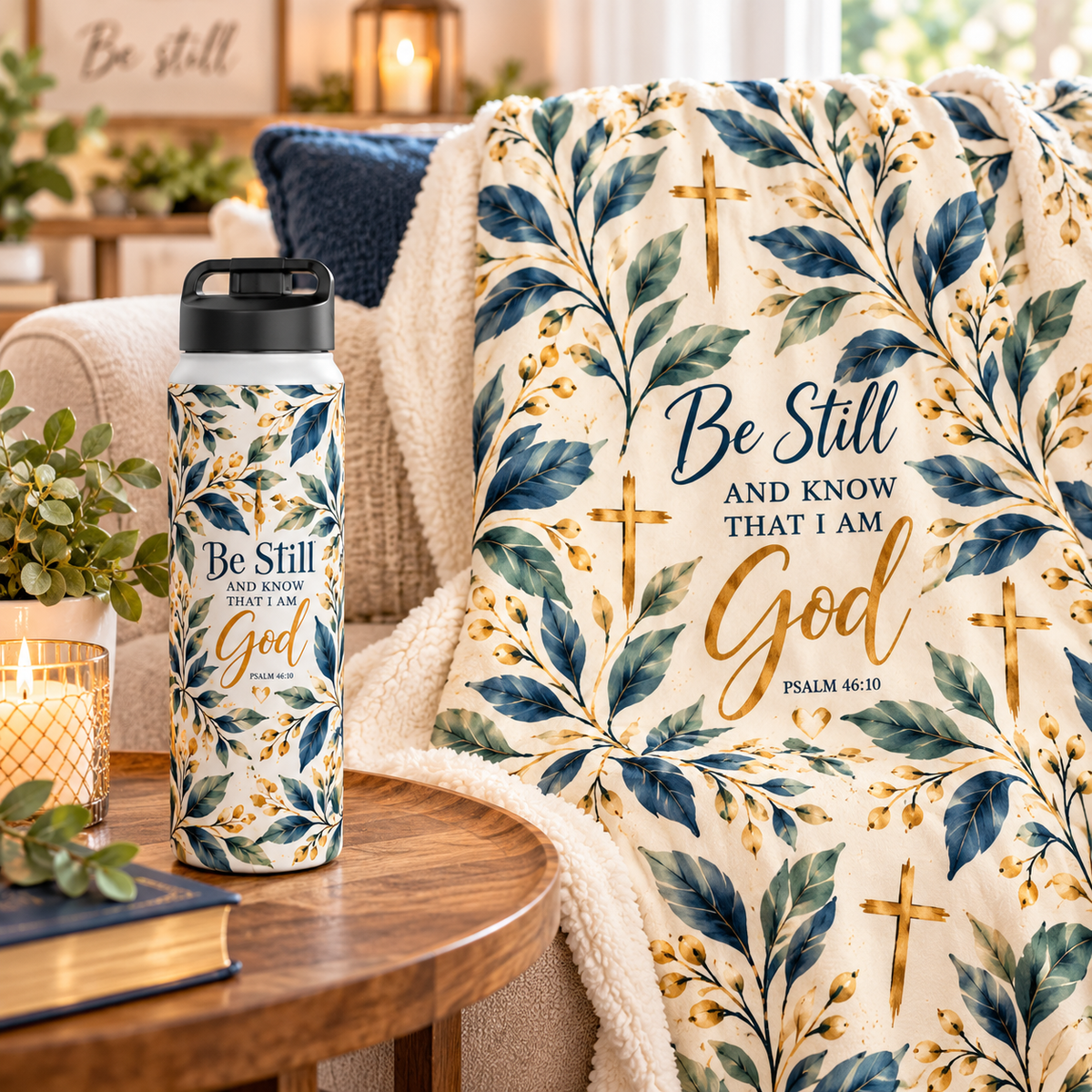 Be Still and Know Psalm 46:10 Christian insulated stainless steel water bottle featuring navy blue, sage green, and gold watercolor botanical artwork.