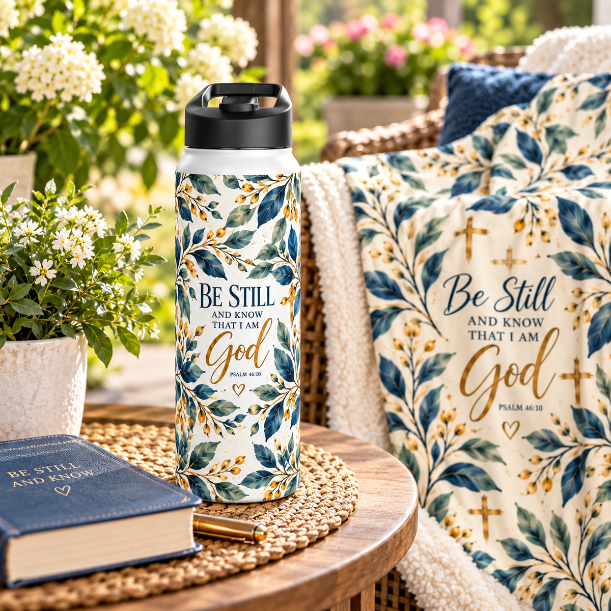 Be Still and Know Psalm 46:10 Christian insulated stainless steel water bottle featuring navy blue, sage green, and gold watercolor botanical artwork.