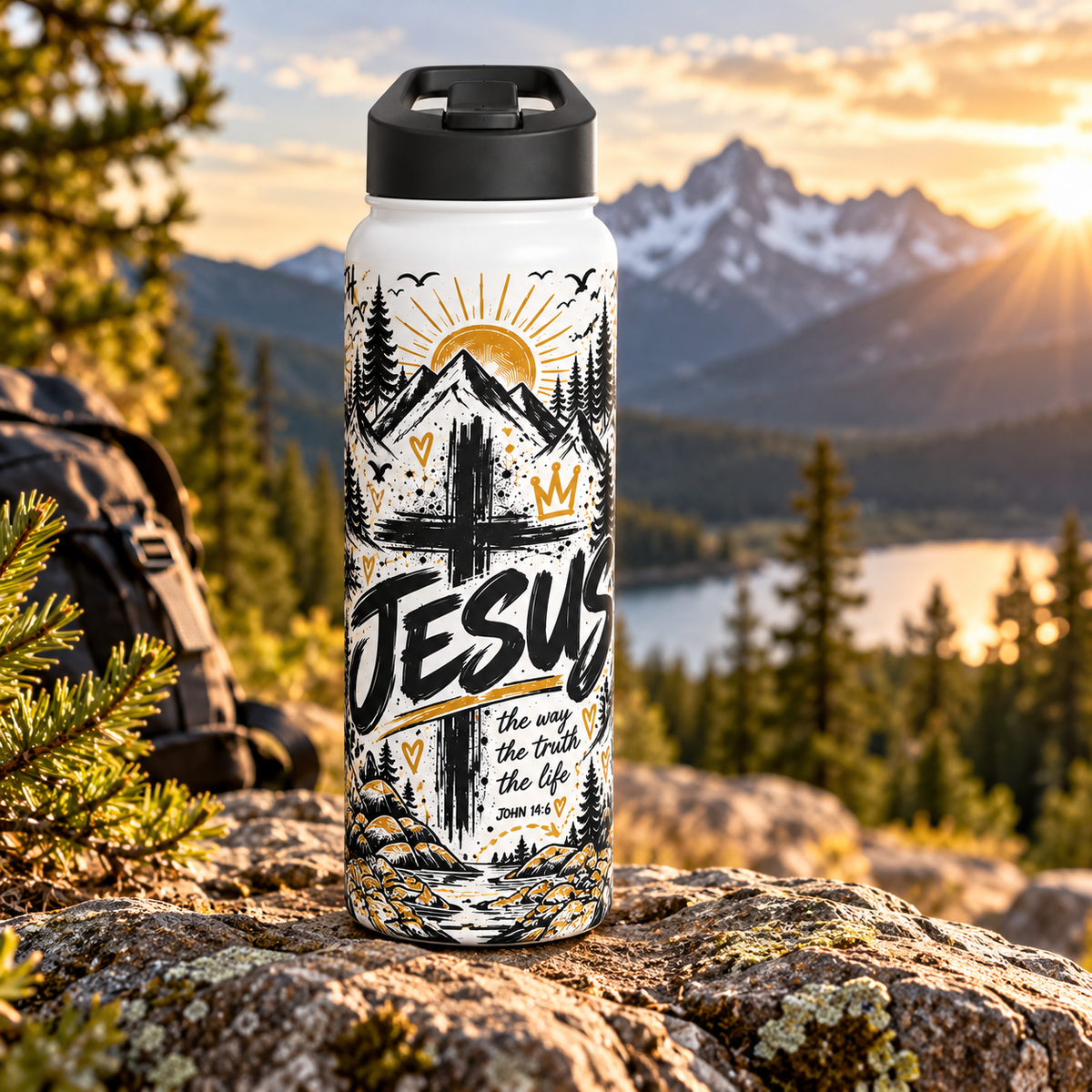 Jesus Christian insulated stainless steel water bottle with bold black, white and gold graffiti artwork, cross, mountains, pine trees and John 14:6 Scripture design.