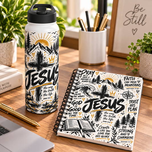 Jesus Christian insulated stainless steel water bottle with bold black, white and gold graffiti artwork, cross, mountains, pine trees and John 14:6 Scripture design.