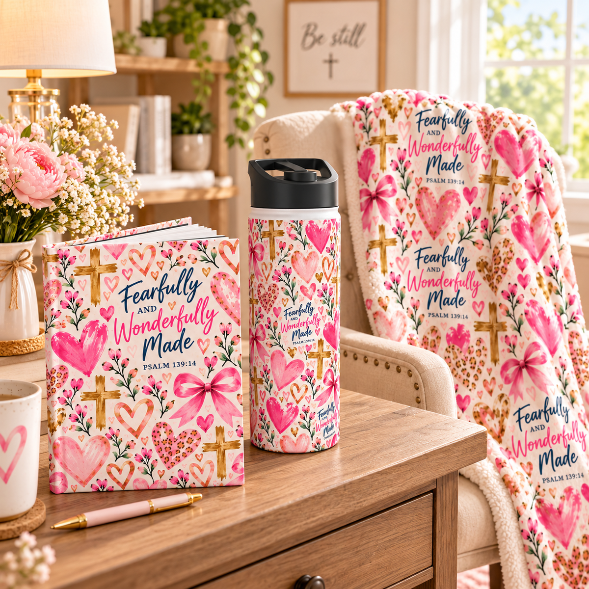 Matching Fearfully and Wonderfully Made Christian journal, insulated water bottle and sherpa blanket featuring pink hearts and Psalm 139:14.
