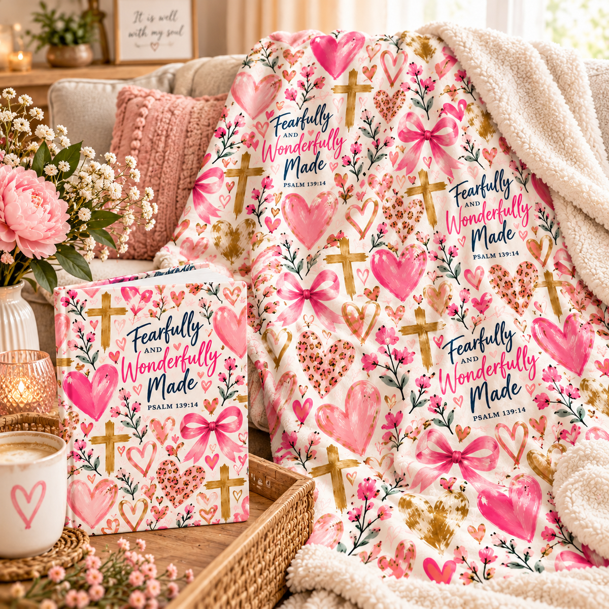 Matching Fearfully and Wonderfully Made Christian journal, insulated water bottle and sherpa blanket featuring pink hearts and Psalm 139:14.