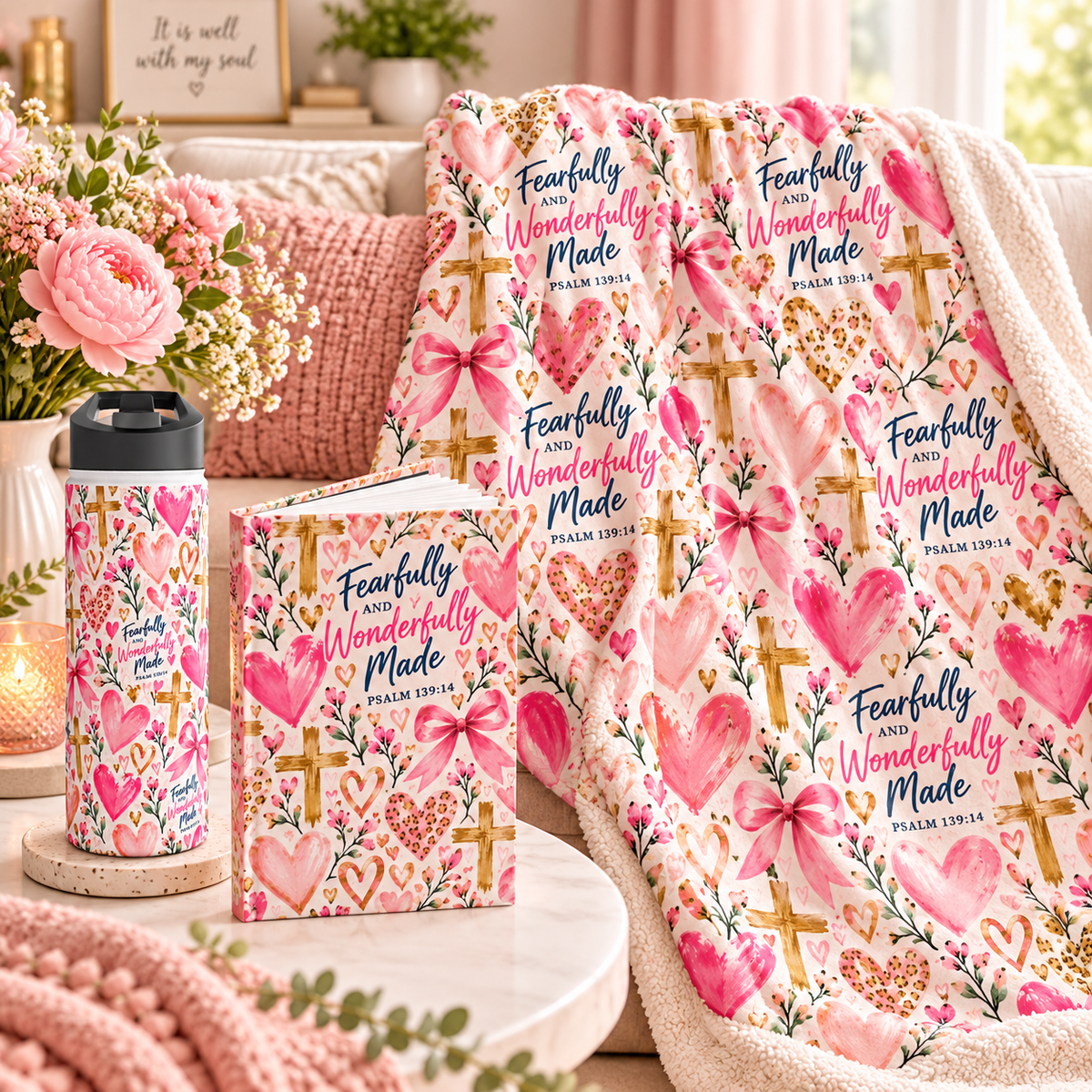 Matching Fearfully and Wonderfully Made Christian journal, insulated water bottle and sherpa blanket featuring pink hearts and Psalm 139:14.