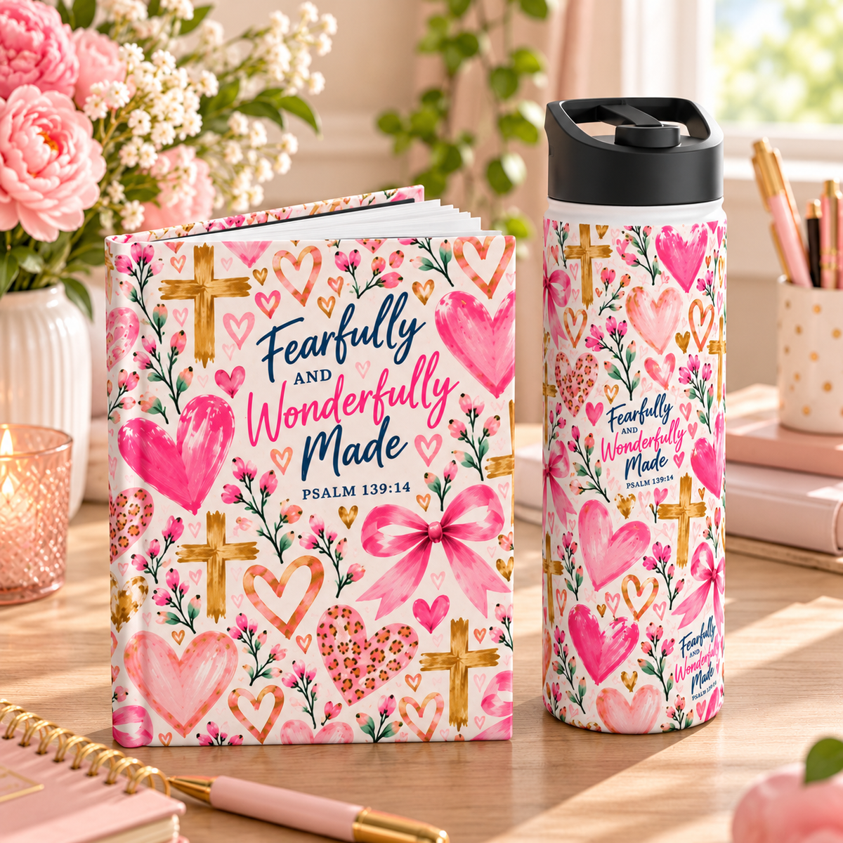 Fearfully and Wonderfully Made Christian insulated water bottle for girls featuring Psalm 139:14, pink hearts, bows, flowers, and gold crosses.