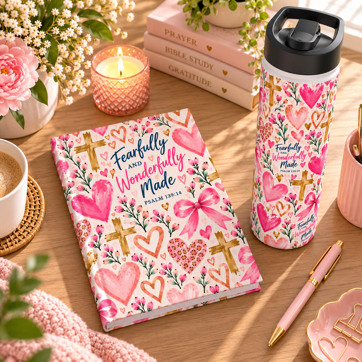 Fearfully and Wonderfully Made Christian insulated water bottle for girls featuring Psalm 139:14, pink hearts, bows, flowers, and gold crosses.