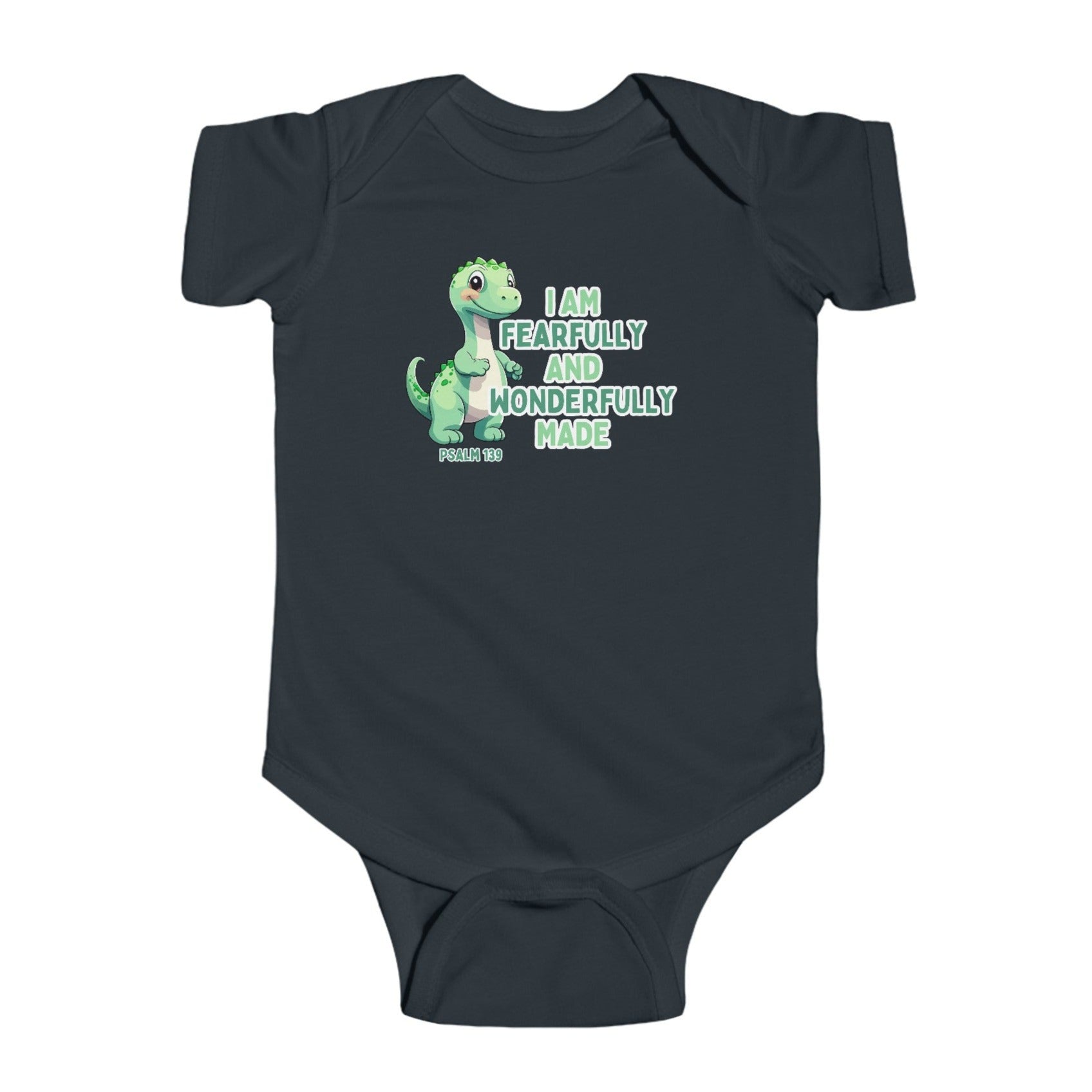 Introduce your little one to the world with our Fearfully Made Green Dinosaur Infant Bodysuit Onesie. Featuring a bible verse from psalm 139:14, this bodysuit reminds us that we are all fearfully and wonderfully made. Made for infants, this bodysuit is both comfortable and meaningful. Cataldo Creations