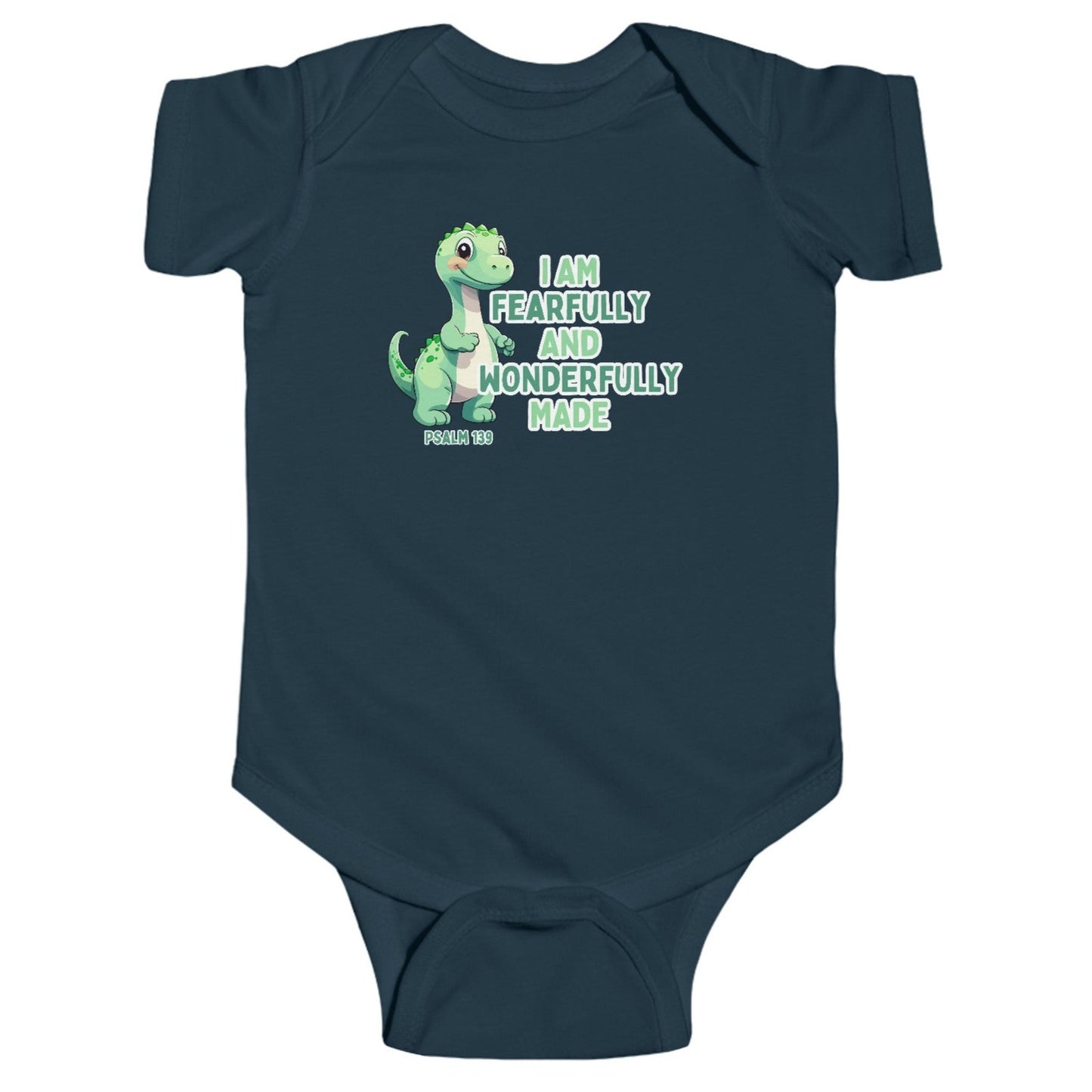 Introduce your little one to the world with our Fearfully Made Green Dinosaur Infant Bodysuit Onesie. Featuring a bible verse from psalm 139:14, this bodysuit reminds us that we are all fearfully and wonderfully made. Made for infants, this bodysuit is both comfortable and meaningful. Cataldo Creations